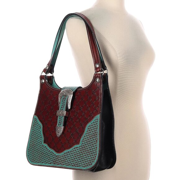 SILVERTIP Hobo Satchel Tooled Leather Saddle Brown and Turquoise Blue and Silver - Picture 3 of 12